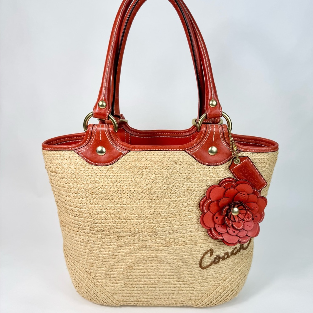 Coach Natural Straw & Orange Leather Summer Floral Appliqué Tote Bag #13373